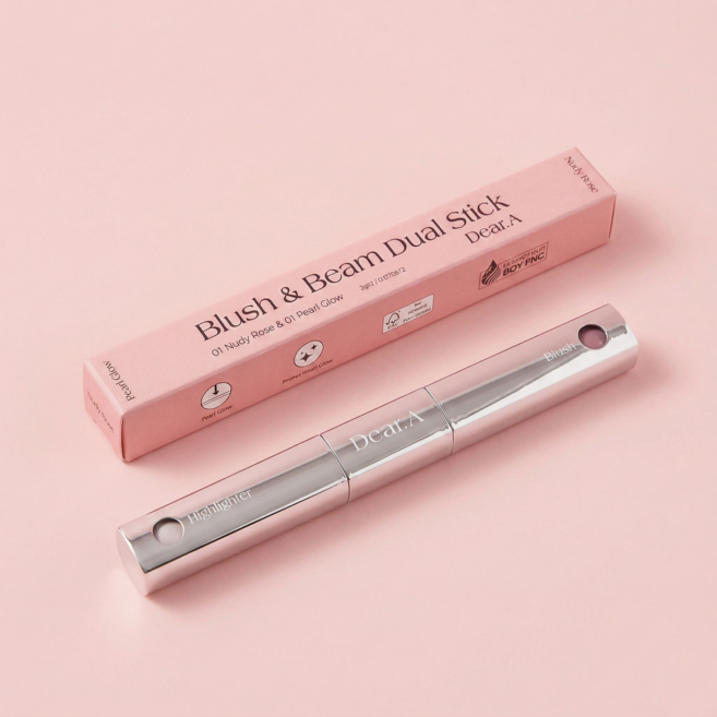 Dear.A 디어에이 블러쉬 앤 빔 듀얼스틱 하이라이터, 01 누디 로즈, & 펄 글로우, 1개