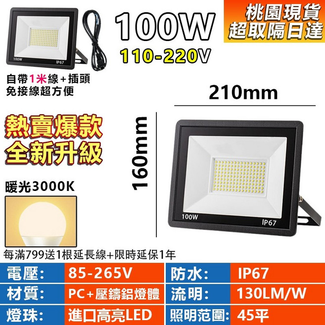 LED人體感應投射燈 工業級戶外防水燈 IP67, 1個, 100W-暖光（常亮款）