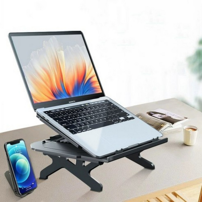 COOLCOLD 높이조절 접이식 노트북 거치대 휴대폰 거치대 포함, 블랙, 1개