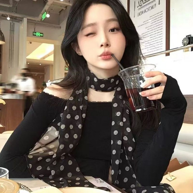 【台灣發貨】法式復古波點絲巾 棕色印花 脖子絲巾 裝飾 氣質新款領巾 百搭髮帶 長條圍巾 長條波點絲巾