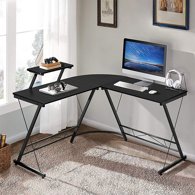 BIKASU 대형 코너 컴퓨터 책상 1인용 일체형 게이밍 책상 L자형 다용도 사무용 학생 책상 거실 서재, 블랙