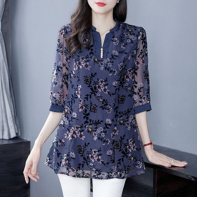 보그핏 주인블라우스 / 여성 꽃무늬 패턴 여름 블라우스 반팔