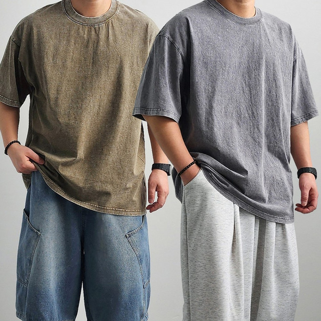 리얼타임 피그먼트 워싱 오버핏 반팔티/남자 7부 두꺼운 14수 헤비코튼 반팔 빅사이즈 헬스 무지 면티 4colors