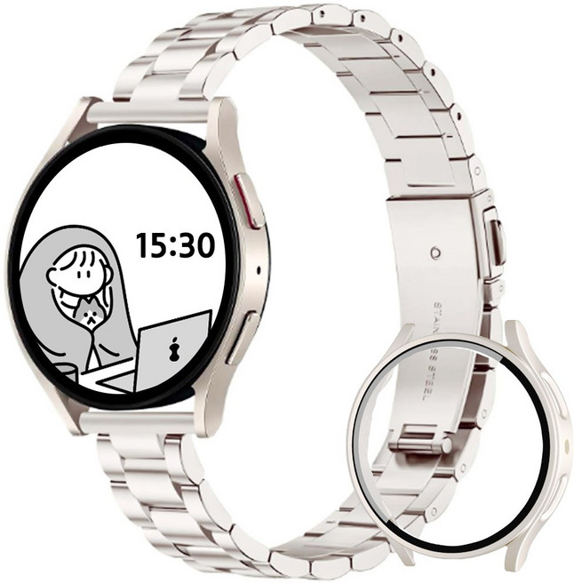 아이비온 갤럭시워치 슬림 메탈 스트랩 40 44 mm + 풀커버 케이스 세트, 스타라이트, 1개