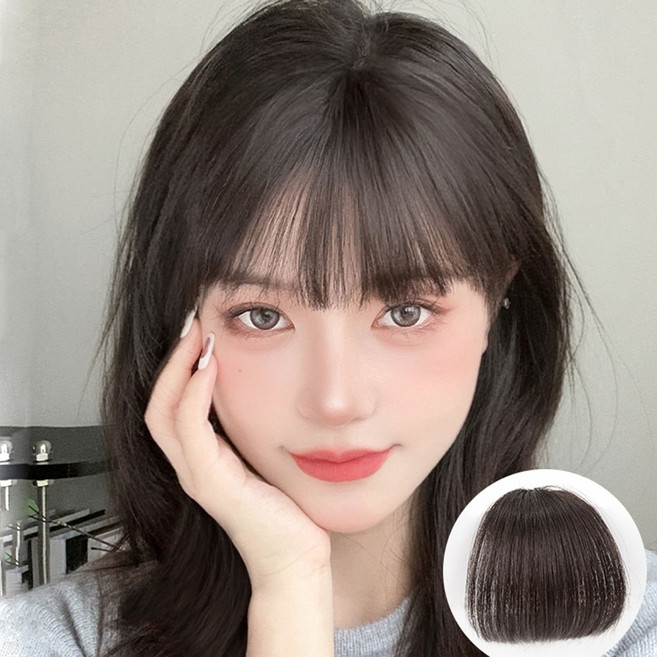 1+1 애교 일자 소프트 뱅 앞머리 가발 부분 헤어피스 웨이브 풀뱅, 1개, 내추럴브라운+다크브라운
