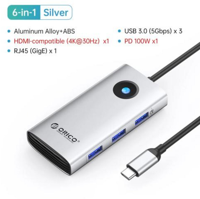 ORICO USB C 허브 5 10 포트 분배기 도킹 스테이션 Macbook Pro Air 노트북 용 4K HDMI 호환 USB 3.0 어댑터 PD100W 충전, 스페인, 8)Silver 6in1 30HzRJ45