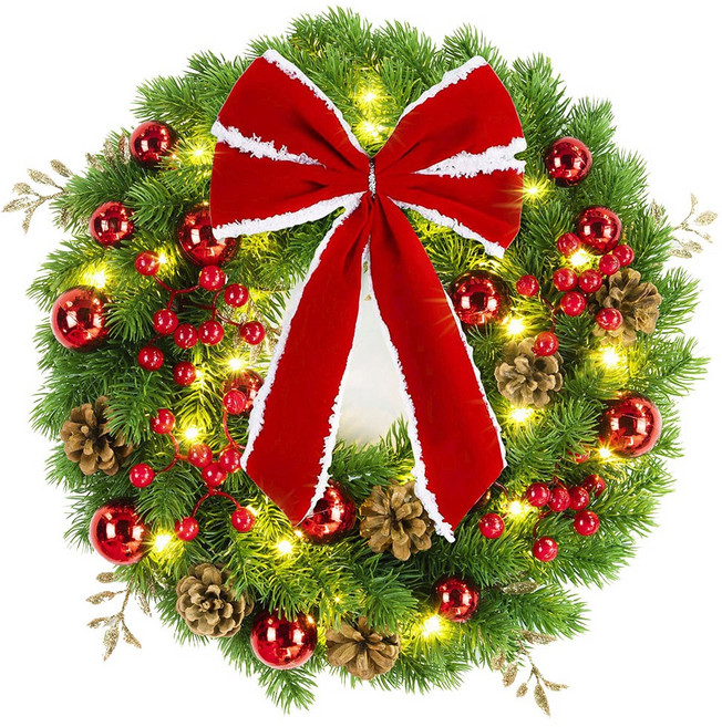 ROOICE 크리스마스 리본 리스장식 LED 전구포함 벽장식 고품절 현관 장식소품