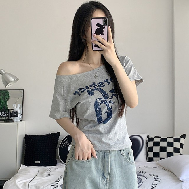 [빈티지힙/3col] 배디 루즈핏 언발 오프숄더 프린팅 반팔 티셔츠