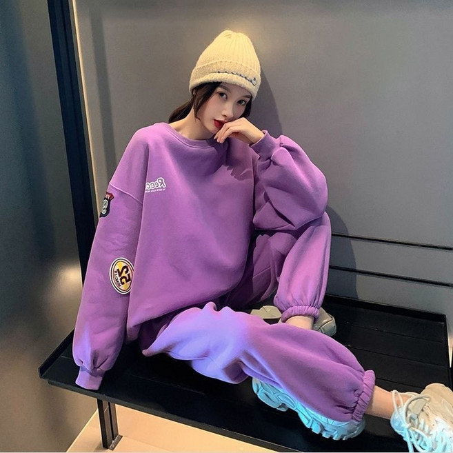 꽃소담 여성 추동 계절 기모 트레이닝복세트 루즈핏 티셔츠 + 트레이닝바지 투피스