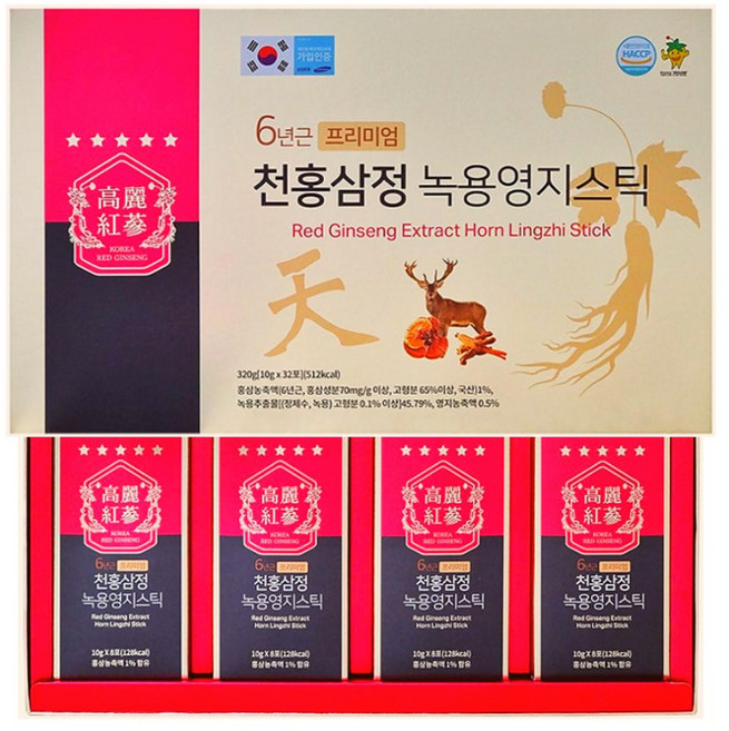 6년근 프리미엄 천 홍삼정 녹용 영지 스틱 10g 32포, 1개