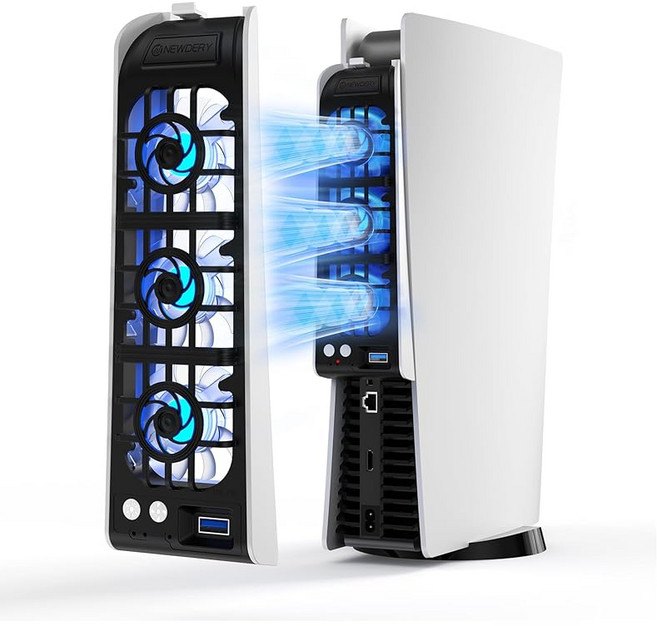 NEWDERY PS5용 냉각 팬 업그레이드된 9블레이드 및 더 큰 팬 조용한 쿨러 자동 속도 조절 추가 USB 3.0 포트 및 LED 조명 PS5 전용(슬림/프로 미포, NEWDERY PS5용 냉각 팬, 업그레이드된 9블레이, 상세페이지 참조