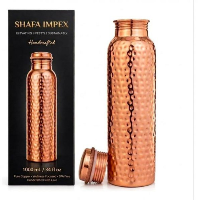 SHAFA IMPEX 구리 물병 100% 순수 수제 아유르베다 누수 방지 뚜껑 BPA 프리 음용 및 스포츠용 망치 무늬, 32 온스