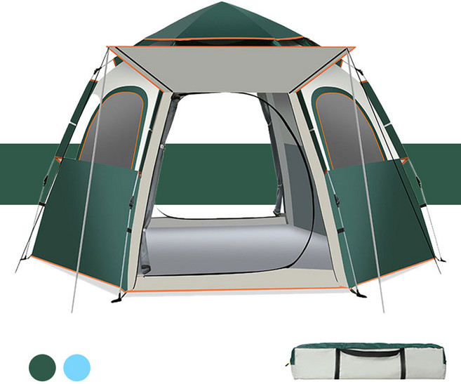WEIOK 원터치 팝업 캠핑 텐트 그늘막 다인 대공간 육각 빅텐트+1 방습 패드, 빅 사이즈 다크그린
