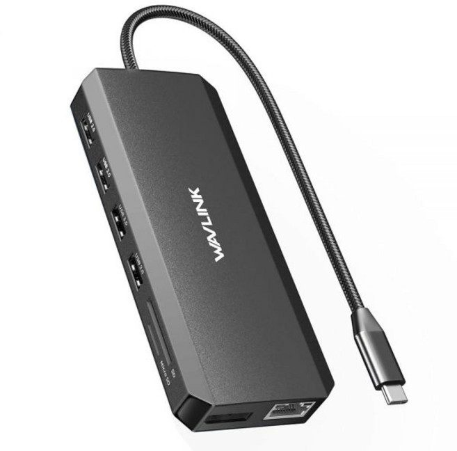 도킹 스테이션 멀티허브 듀얼 허브 카드리더기 WAVLINK USB C - 모니터 트리플 디스플레이 2 HDMI 디스플레이포트 PD 충전 이더넷 5개 SDTF 카드 리더 MacB, Black