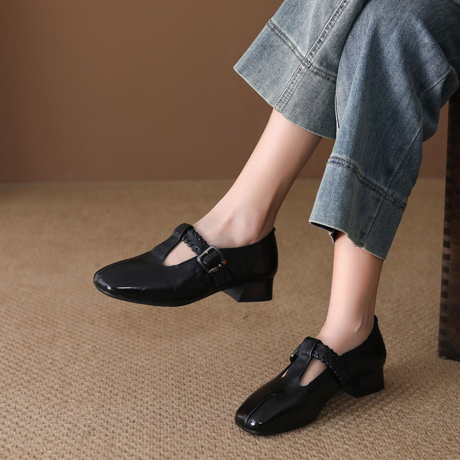 봄가을 천연 소가죽 수제 주름 백화점 품질 중년 엄마구두 통굽 로우힐 클래식 손잡이 가죽슈즈 미끄럼방지 편한 통근 데일리 여성 정장구두