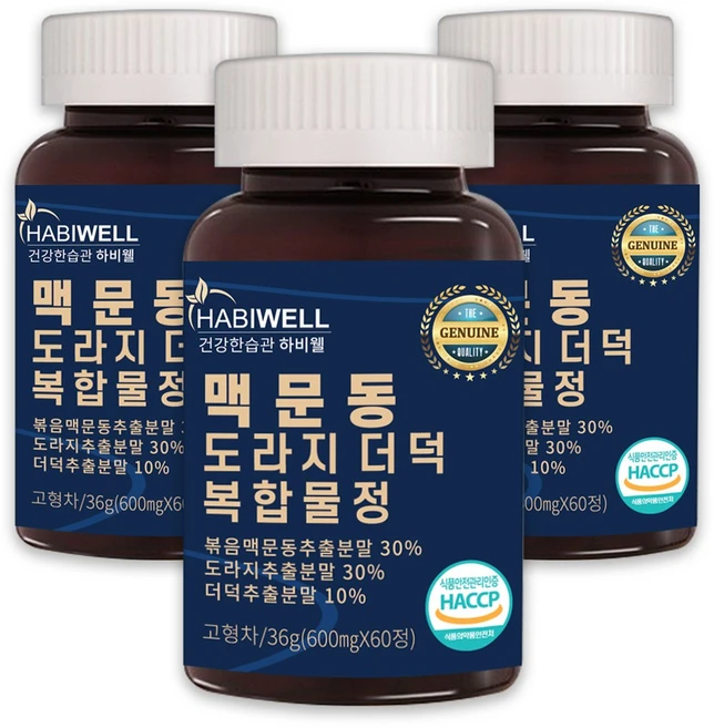 하비웰 국산 볶은 맥문동 도라지 더덕 복합물정 HACCP 식약처 인증 60정, 3개, 36g - 쿠팡