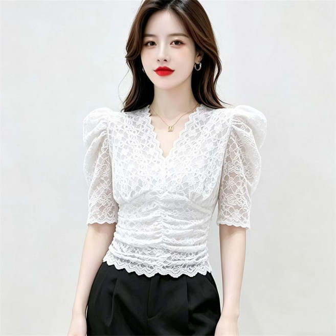 VEZRI 여성용 봄 여름 레이스 반팔 블라우스 고급스러운 럭셔리 퍼프 소매 디자인의 슬림핏 크롭탑