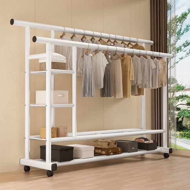 철제 스탠드 시스템 옷걸이 이동식 튼튼한 2봉 2단 행거, 화이트