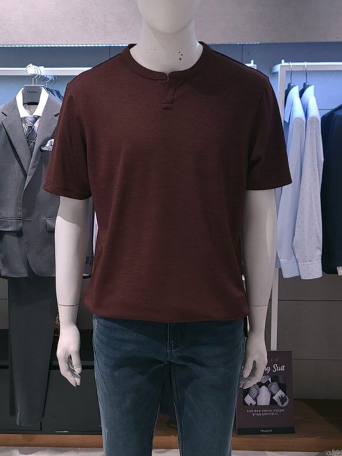 남성 봄여름 와인 워셔블 너치넥 티셔츠 442188