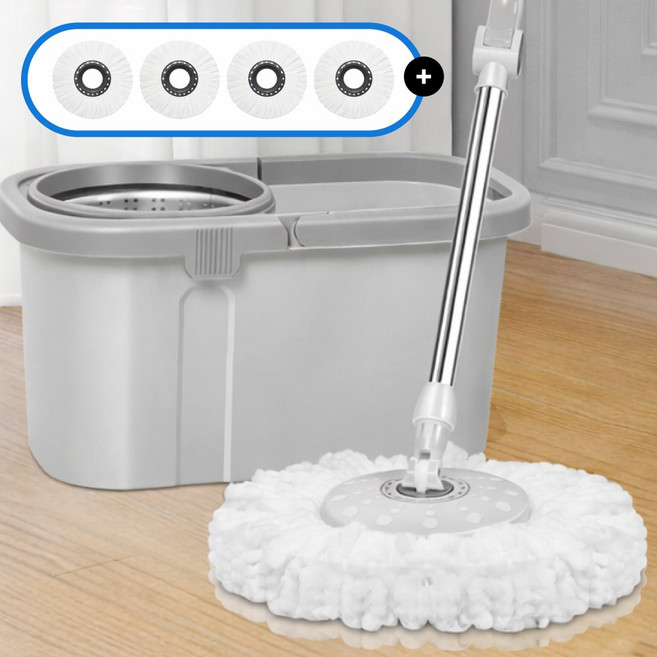 스핀 탈수 스텐 통돌이+극세사 걸레 4장+밀대걸레, 라이트그레이, 1세트