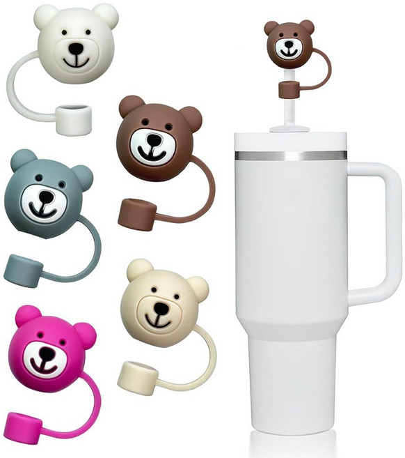 Stanley 텀블러와 호환되는 고양이 발바닥 빨대 커버 캡 6팩 (414~1.2L(14온스~40온스)) - Simple Modern 컵용 식품 등급 실리콘 빨대 토퍼 빨대, Bear-5pcs