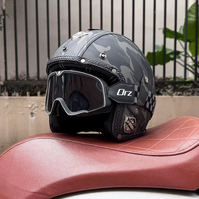 고글 바이크 세트 오토바이헬멧 빈티지 클래식 독일군, 그레이 카모플라주 + 빈티지 블랙 티 고글