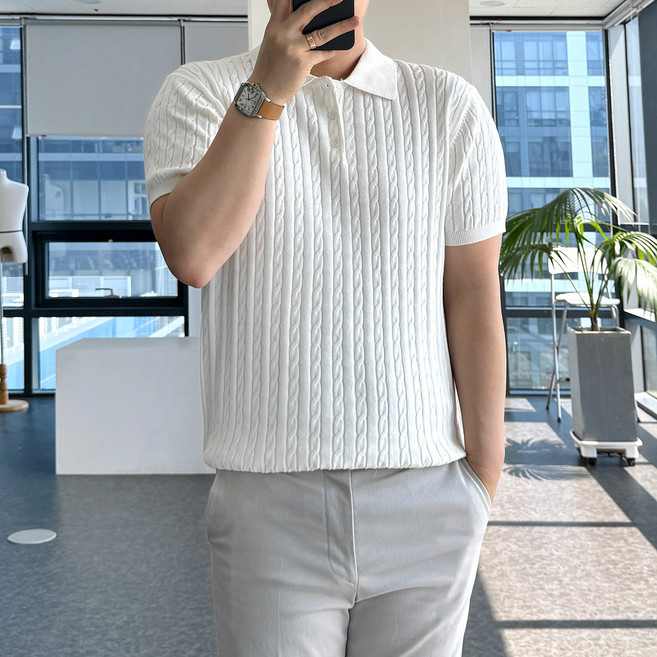 룩플레인 면 백프로 워셔블 케이블 여름 반팔 니트 카라 티셔츠 7color