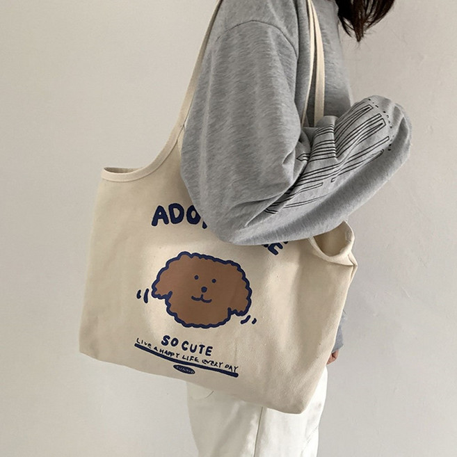 디어유 퍼피 에코백 다용도 예쁜 트윈 포켓 심플 데일리 캔버스 학생 외출 장바구니 기저귀 가방