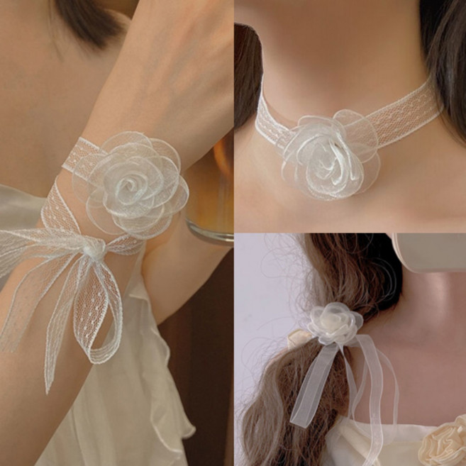 여성 웨딩 브라이덜샤워 로맨틱 레이스 플라워 머리끈 팔찌 겸용 목걸이 A1404