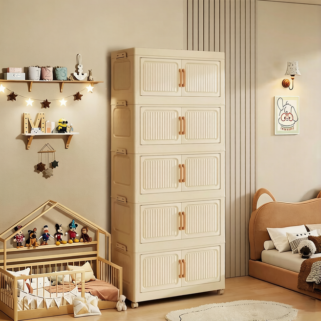 무설치 이동식 접이식 옷장 대용량 폴딩 수납장 플라스틱 양문형 바퀴형 정리함 플라스틱 서랍장, 크림색