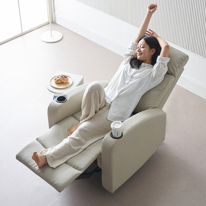 [에보니아] 바디 전동 컵홀더 리클라이너 1인소파의자 에어레더, 라이트그레이