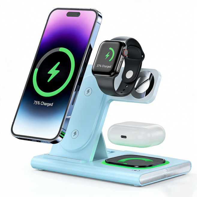 PYHO 다기능 충전기 3in1 맥세이프충전기 15W 급속충전 고속 무선충전 스탠드 접이식 무선충전, 1개, 푸른 색