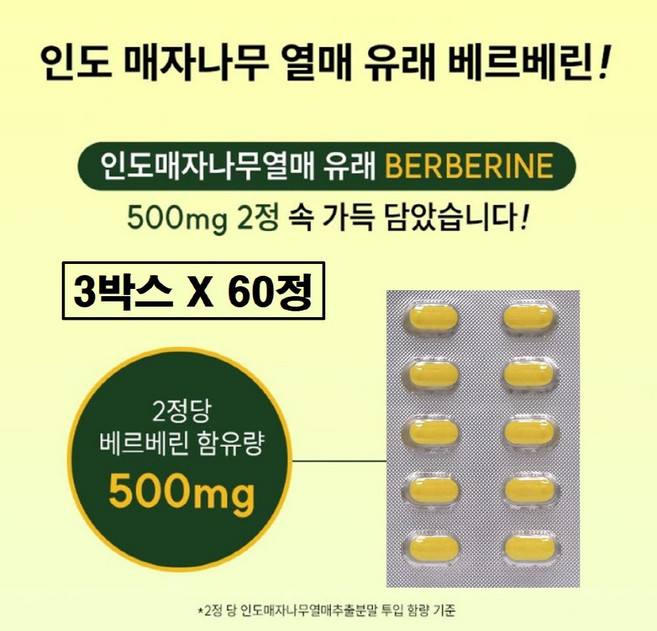 베르베린 500mg 순도 90% 식약청 해썹 인증 플러스 흑후추 피페린 여주 추출 분말 정 인도 매자나무 열매 추출물 배르베린 베르배린 배르배린 효능 추천 식약처 haccp 인도산, 3박스, 60정