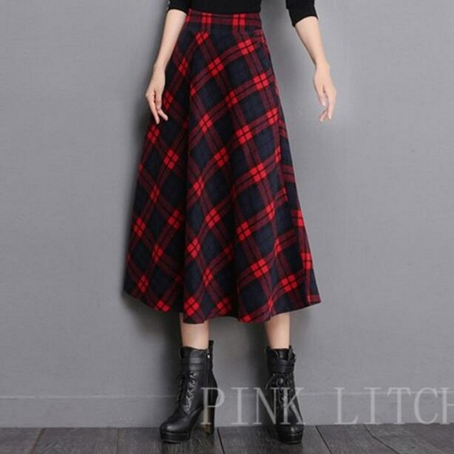[PINK LITCHI]여성용 봄 가을 귀여운 스커트 체크 롱스커트 스커트