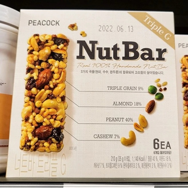 PEACOCK 피코크 너트바 210g (35g X 6개입) (1.트리플 B 2.트리플 G / 2종 택1), 1개 - 쿠팡