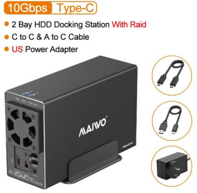 MAIWO SATA RAID 스토리지 인클로저 듀얼 베이 하드 드라이브 도킹 스테이션 USB3.1 C 타입 10Gbps 지지대 RAID 0 1 모드 3.5 인치, US Plug, 1개