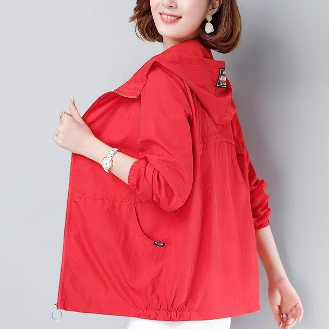 大碼防曬衣女 媽媽寬鬆開衫薄款外套, 紅色,M碼【建議40.0-52.5公斤】