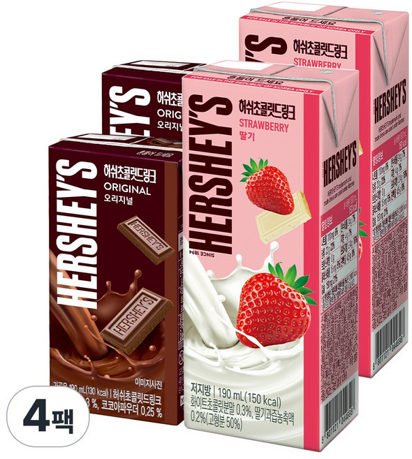 허쉬 초콜릿 드링크 2종 2개씩(초콜릿+딸기), 4팩, 190ml