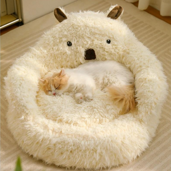 알파카 펫 하우스 겨울 보온 극세사 고양이강아지 겸용 쿠션 하우스 고탄성 펫소파사계절 통용, 1개, 흰색 소파 구둥지