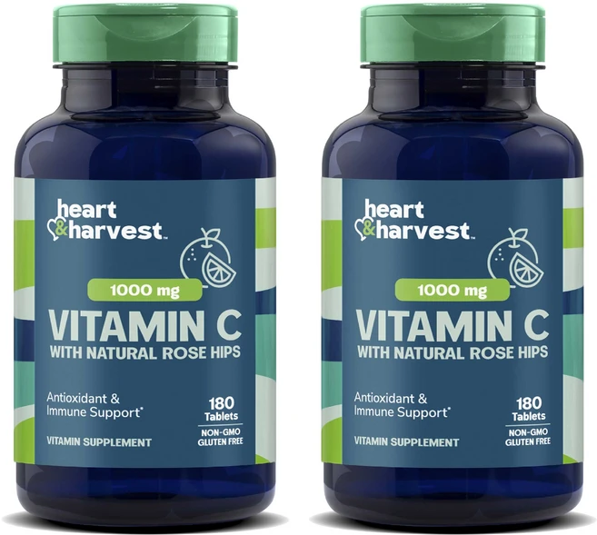 Heart & Harvest 1000mg 비타민 C 내추럴 로즈 힙 포함 타블렛, 2개, 180정 - 쿠팡