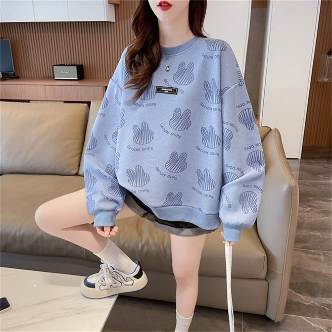 besteffie 귀여운 프린트 여성용 봄가을코디 캐주얼 루즈핏 맨투맨 여학생 이너웨어 라운드넥 긴팔 면 스웨트셔츠 Q55