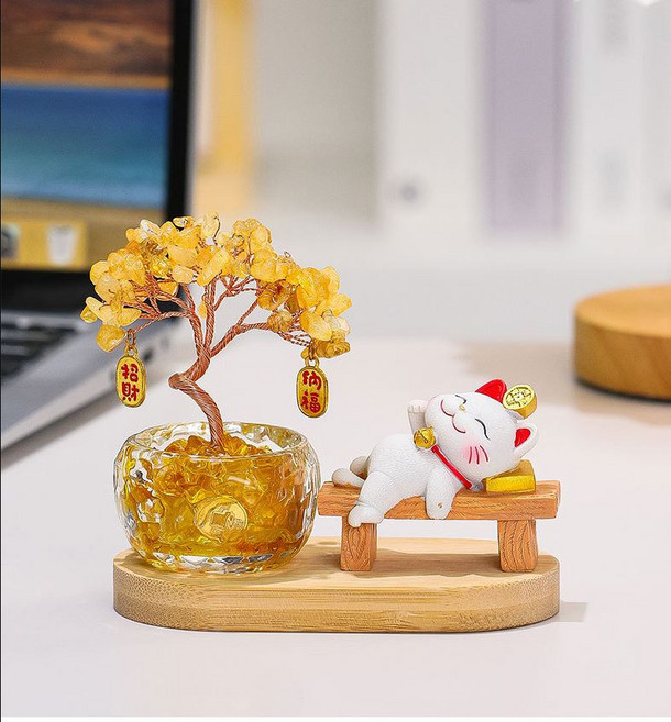 招財貓水晶發財樹擺件 療癒系桌面裝飾, 躺贏招財貓+發財樹+底座