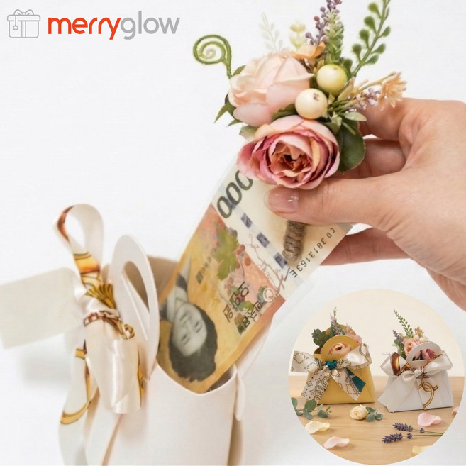 메리글로우 부모님 용돈가방 꽃 코사지 세트 서프라이즈 용돈, 1개, 화이트