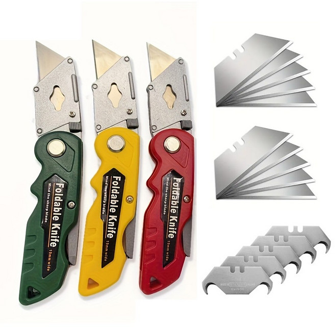 + 접이식 유틸리티 나이프 2개 칼날 포함 커터칼 면도칼, 랜덤컬러 여분칼날 포함, 1개