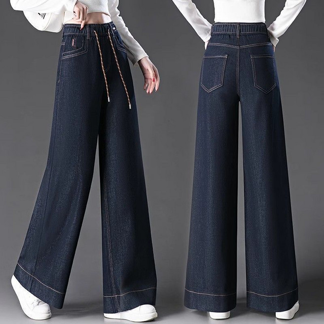 셀럽당허리밴딩 와이드 데님 팬츠 봄가을 하이웨스트 스트랩 통바지