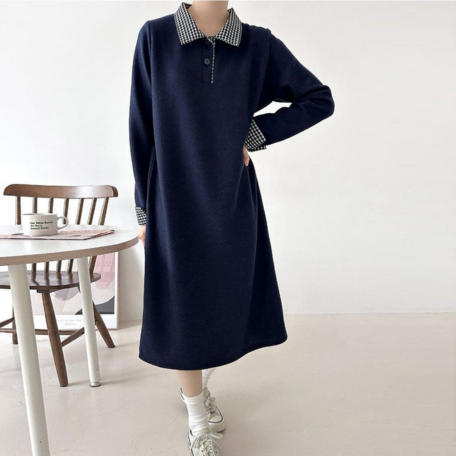 빅걸스토리 빅사이즈 체크 카라 겉기모 원피스