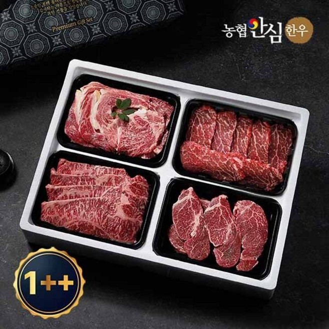 [농협안심한우] 스페셜 한우 구이선물세트 4호 1.2kg 1++등급(7이상)(꽃등심+채끝+안심+갈비살 각300g씩), 1세트