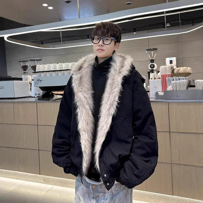 洁白 冬季連帽毛領棉服男外套