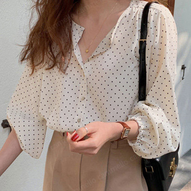 cammello 프렌치 도트패턴 루즈핏 벌룬소매 긴팔 블라우스 봄가을 출근룩 데일리룩