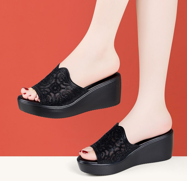 AOKADA 여성 여름 키높이 가보시 웨지힐 통굽 발편한 메쉬 슬리퍼6CM